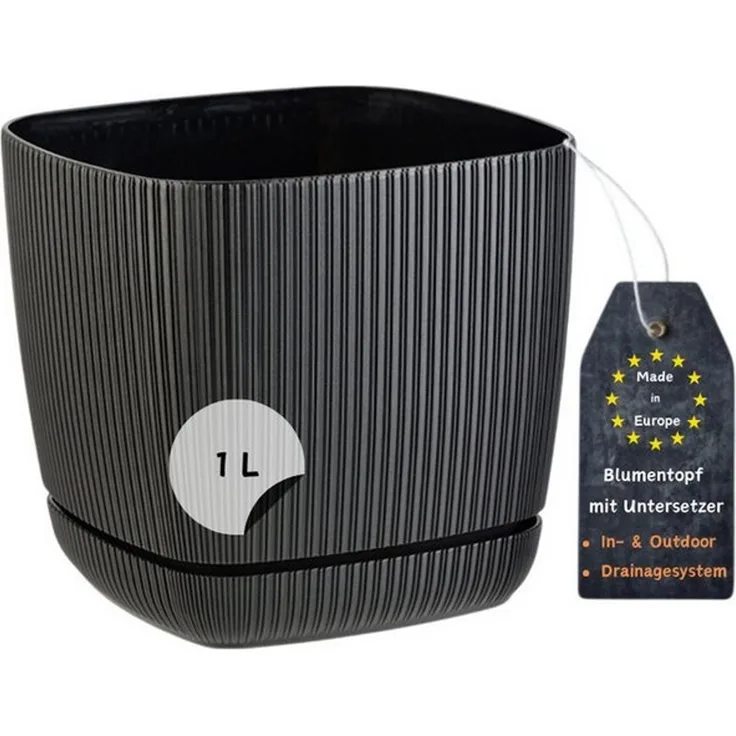 Engelland Blumentopf Pflanztopf mit Drainagesystem & Untersetzer (12x12 cm, 1 Liter, 1 St, robuster PP-Kunststoff), eckig, Rillenoptik, UV-resistent, direkte Bepflanzung