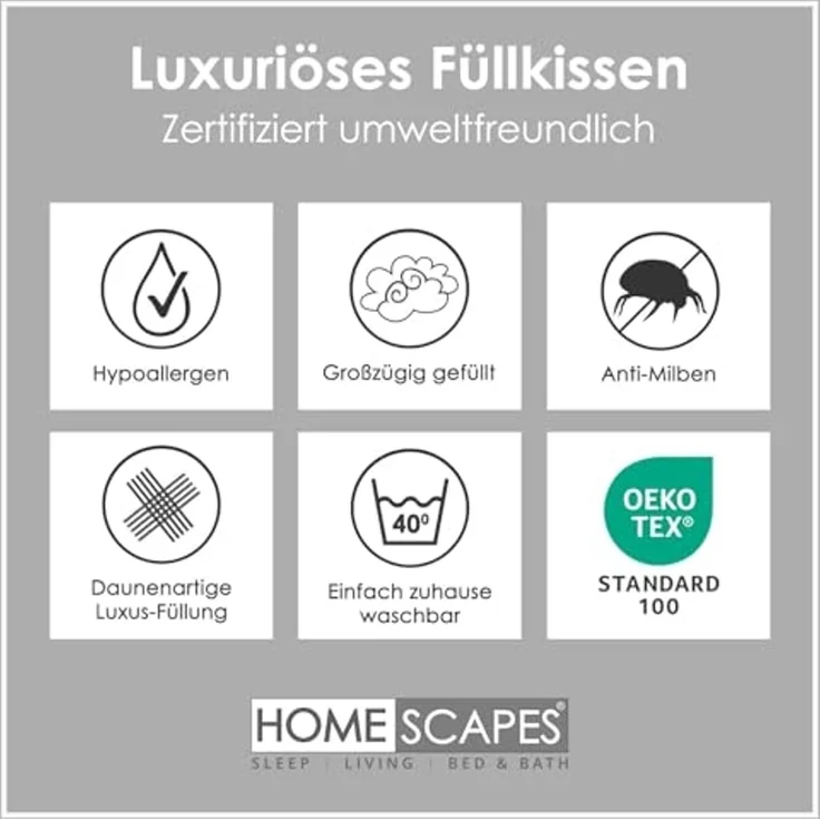 Homescapes Federkissen 4 Kopfkissen 48 x 74 cm im Set, Federkissen mit 100% Federfüllung, Füllung: 100% Entenfedern, Rückenschläfer, Seitenschläfer – Bild 5