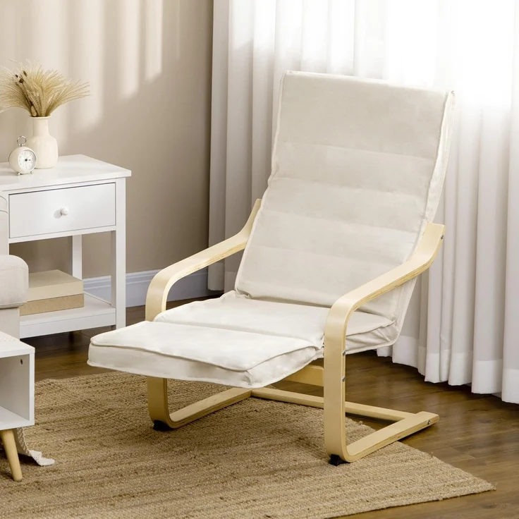 HOMCOM Relaxsessel mit Verstellbarem Fußteil, mit Leinenoptik (Esszimmerstuhl, 1-St, Schwingstuhl), für Wohnzimmer, Birkenholz, Cremeweiß 66,5 x 94 x 100cm – Bild 7