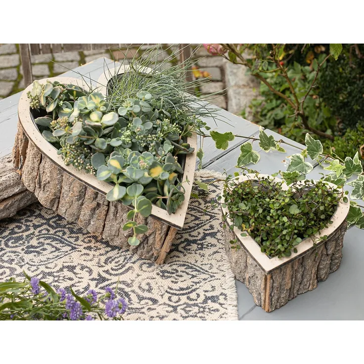 Dekoleidenschaft Pflanzschale "Herz" aus Holz, rustikales Pflanzgefäß in Herzform, Kräutertopf (2 St, im Set), Pflanzring, Pflanztopf natur, Blumentopf, Gartendeko für Draußen
