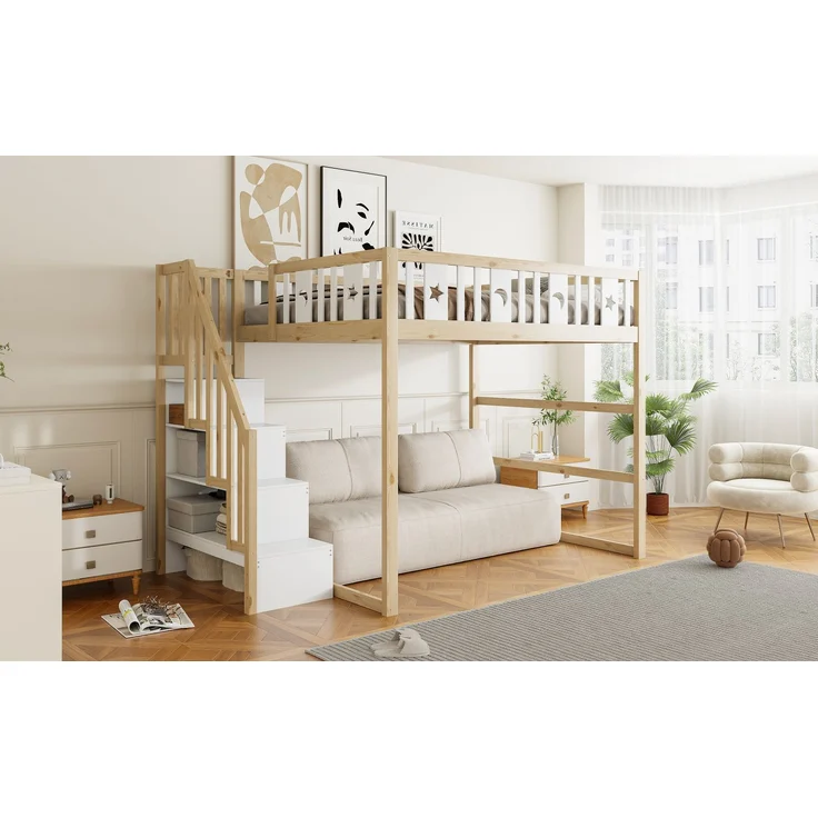 Merax Hochbett, Etagenbett für Kinder 140x200 mit Treppe, Kinderbett Aus Massivholz mit Sicherheitsgeländer, Weiß+Natur – Bild 7