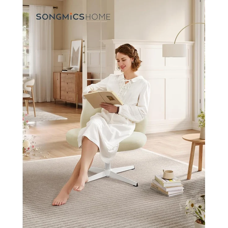 SONGMICS HOME Schneidersitz Stuhl, Schminkstuhl, Drehstuhl ohne Armlehnen, Schreibtischstuhl, breite Sitzfläche, modern, mit Kreuzfuß, höhenverstellbar, Wippfunktion, cremeweiß OBG046W01 – Bild 3
