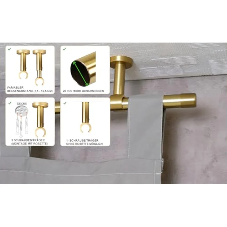 iso-design Gardinenstange Set zur Montage an der Decke mit 20 mm Durchmesser 1-läufig, Ø 20 mm, 1-läufig, Deckenmontage, geschraubt, Aluminium, Variabler Deckenabstand – Bild 3