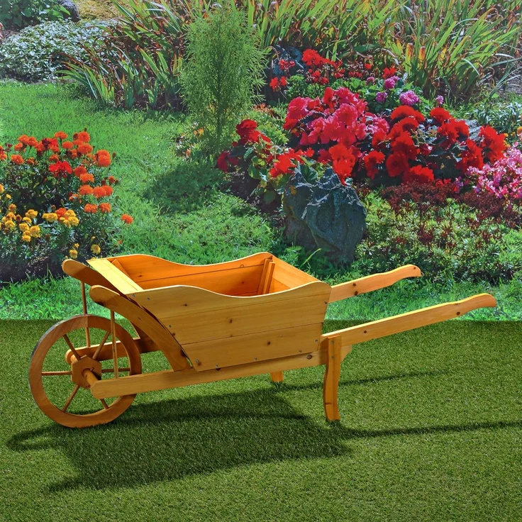 Garten Pflanzschubkarre Schubkarre aus Holz Blumenkarre Blumenkübel gelbbraun – Bild 6