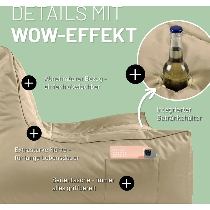 Lumaland Sitzsack Sitzsack-Lounge In-& Outdoor 380l beige, mit Flaschenhalter – Bild 4