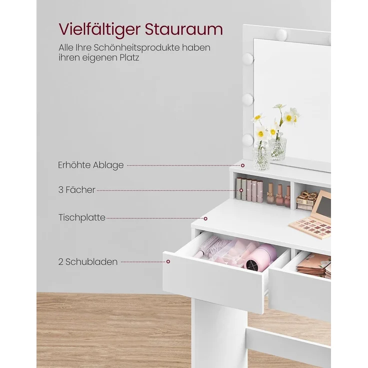 VASAGLE Schminktisch, mit LED-Beleuchtung, einstellbare Helligkeit, Frisiertisch mit Spiegel, Hocker, Kosmetiktisch mit 2 Schubladen und 3 offenen Fächern, modern, wolkenweiß und pastellrosa RDT720W01 – Bild 4