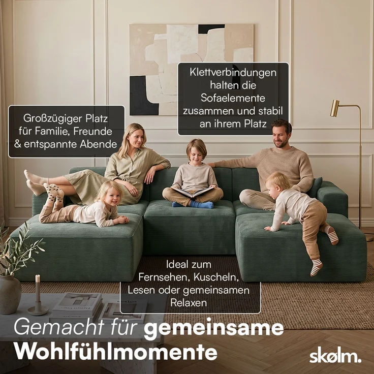 skølm 'Freki' Cloud Sofa 3 Sitzer mit 2x Hocker, Vollschaumcouch mit Federkern und Vakuum-Kompression, kein Aufbau erforderlich, mit 3 Kissen, Cord dunkelgrün – Bild 2