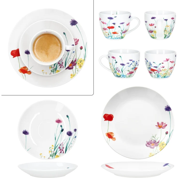 18tlg Kaffeeservice Marie Porzellan 6 Personen Tassen Untertassen Teller Blumen – Bild 4