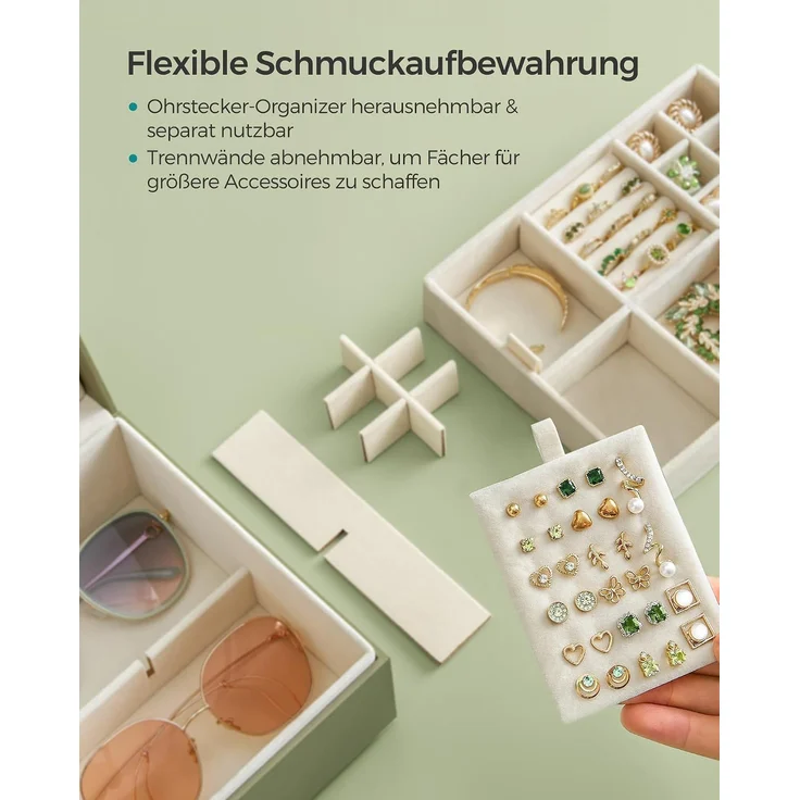 SONGMICS Schmuckkästchen 2 Ebenen, Schmuckkasten mit Griff, flexibles Schmucktablett, Schmuckbox, Schmuckaufbewahrung, schwebender Effekt, 20,5 x 24 x 11 cm, Weihnachten, lorbeergrün JBC165C02 – Bild 6