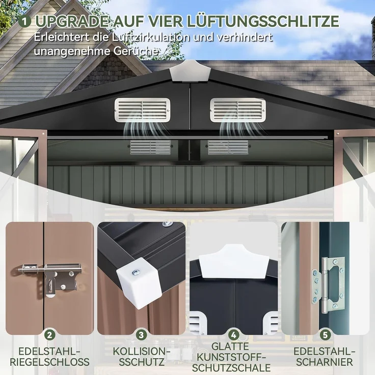 Aoxun Gartenschuppen 200x126x188cm, Schuppen und Aufbewahrung im Freien, Metallschuppen, Fahrradwerkzeugschuppen mit abschließbaren Türen und Schlingen, für Pool, Hinterhof, Terrasse, Braun – Bild 4