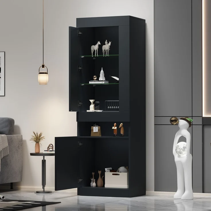 Vitrine mit LED Beleuchtung Vitrinenschrank Standvitrine Stauraumvitrine Schrank Wohnzimmerschran Schwarz LED Vitrine Wohnzimmer Wohnwände LED Vitrinenschränke LED Schränke Buffet-Schran--Schwarz--50x40x180cm--YOUDENOVA – Bild 2