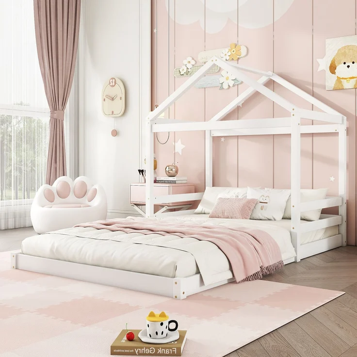 Hausbett 140x200 cm für Kinder, Kinderbett in Hausform mit Lattenrost,modernes Montessori Bett,stabiles Holzhausbett, Weiß – Bild 3
