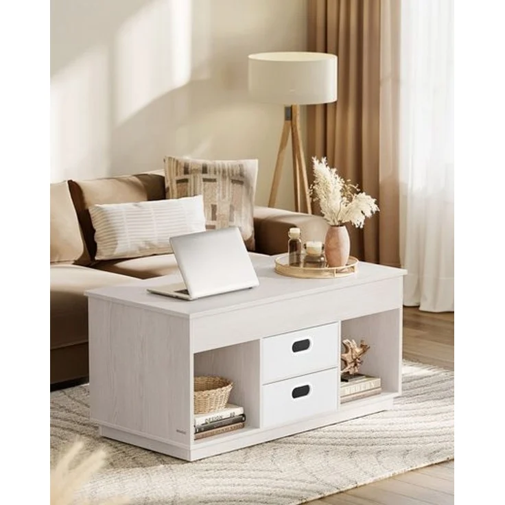 Vasagle Couchtisch, höhenverstellbarer Wohnzimmertisch, 2 Schubladen und versteckte Fächer, Kaffeetisch, offene Fächer, für Wohnzimmer, Homeoffice, haferflockenbeige – Bild 2