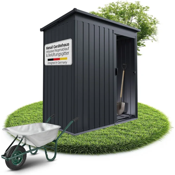 Juskys Metall Geräteschuppen S – Dunkelgrau, wetterfest mit Fundamentrahmen, Schiebetür & abschließbar - für Garten & Aufbewahrung