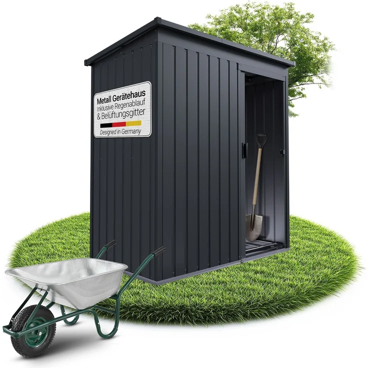 Juskys Metall Geräteschuppen S – Dunkelgrau, wetterfest mit Fundamentrahmen, Schiebetür & abschließbar - für Garten & Aufbewahrung – Bild 1