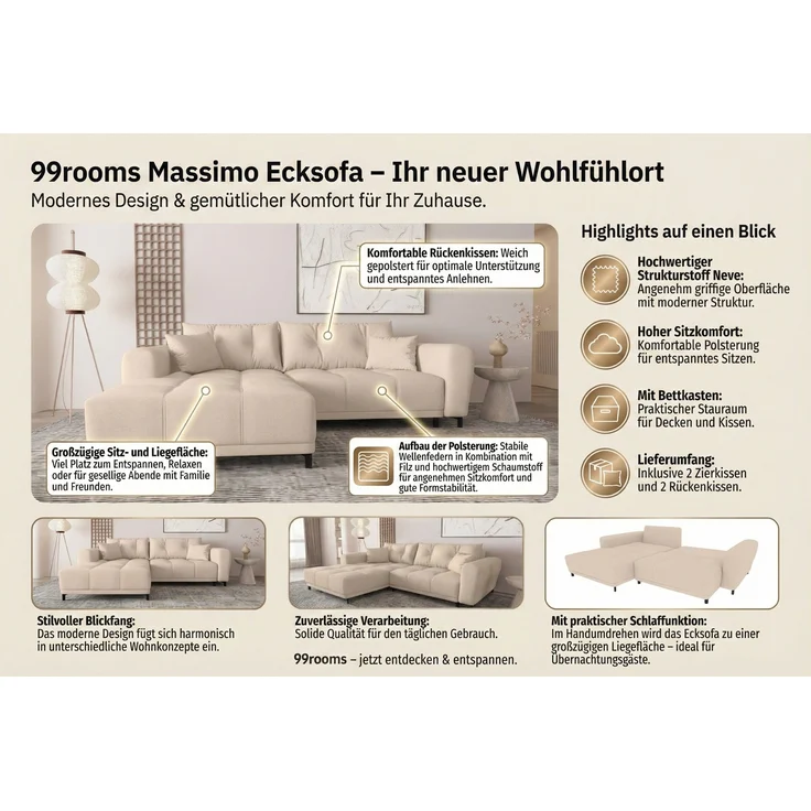 99rooms Massimo Ecksofa Strukturstoff NEVE Rostfarben mit Schlaffunktion Rechts – Bild 2