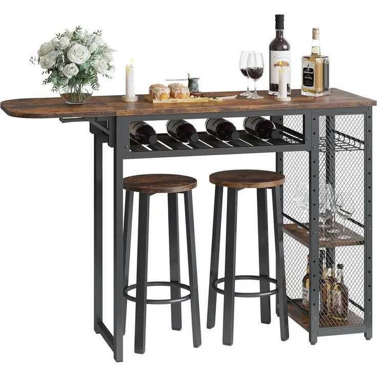 Bestier Bartisch Ausziehbarer Küchentisch mit 2 Hockern (Set, 1 Tisch und 2er-Set Hocker), Weinregal & 3 Ablagen für Küche, Esszimmer