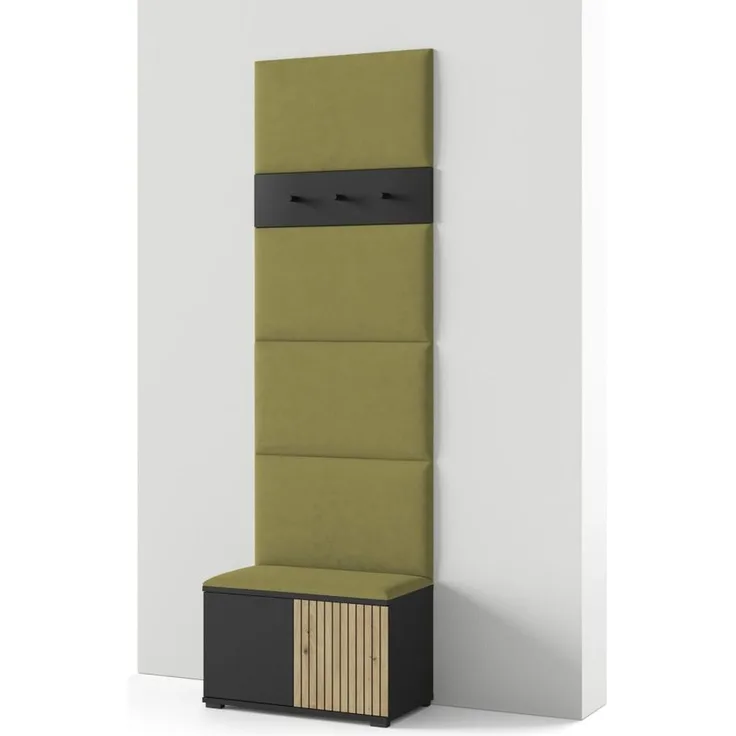 Garderoben-Set Rosario Version 6 mit Lamellen, mit Polsterplatten und Schuhschrank (Schwarz / Eiche Artisan, Trinity 27), 225 x 40 x 70 cm