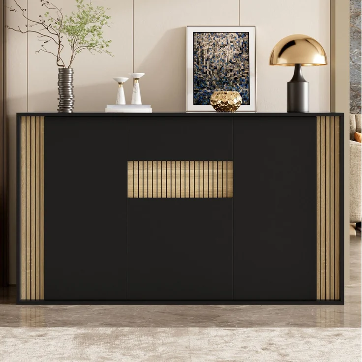 DESVIAE Sideboard Schwarz/Natur aus Spanplatte – 140x82x40 cm – 3 Türen, Schublade, LED-Beleuchtung – Bild 9