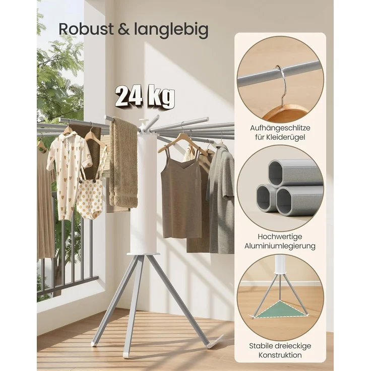 SONGMICS Wäscheständer klappbar, Ständer ausziehbar, platzsparend, drehbar, Balkon Waschküche, Aluminiumlegierungsarme, silbern – Bild 4