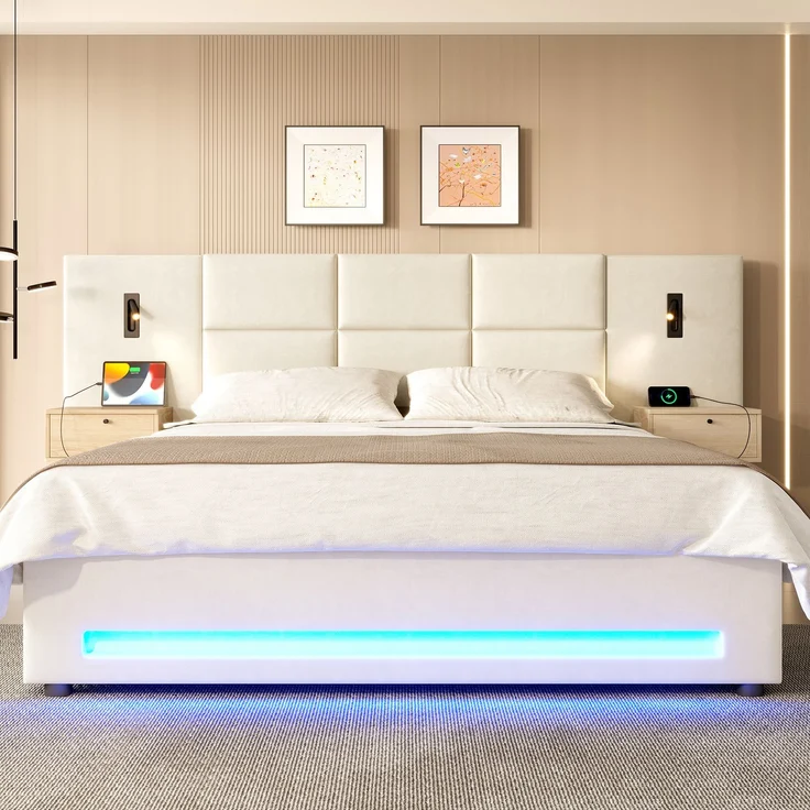 TavilaEcon Boxspringbett mit Samtkopfteil, praktischen Stauschubladen und LED-Nachtlicht beige Liegefläche 180 × 200 cm – Bild 9