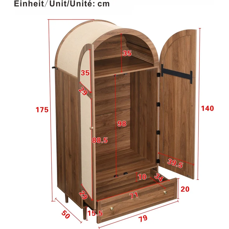 Kleiderschrank mit Schubladen, Holztüren mit Leinenstoff-Bezug, großer Stauraum, Garderobenschrank für Schlafzimmer, moderne Aufbewahrungslösung--Holz--79x50x175cm--YOUDENOVA – Bild 3