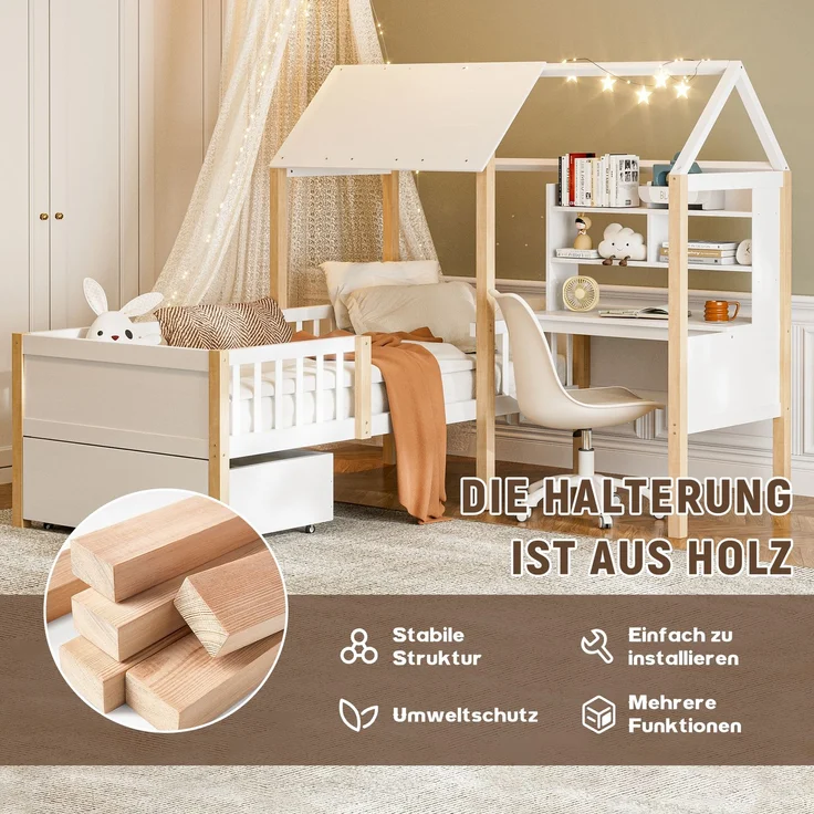 Kinderbett 90x200cm Weiß-Hellbraun Massivholz mit L-förmigem Schreibtisch, Bücherregal, Rollschubladen und Rausfallschutz – Bild 9