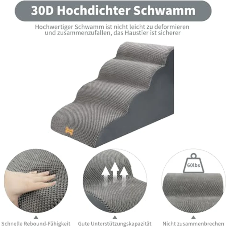 Nepfaivy Hundetreppe für Kleine Hunde 4-Stufig, Haustiertreppe für Bett und Sofa aus Hochdichtem Schwamm, Hunde Treppe Hunderampe mit Abnehmbarem, Waschbarem Bezug und Rutschfestem Boden, 75 x 50 x 40 cm – Bild 4
