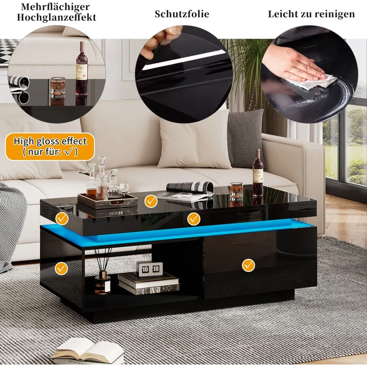 Hochglanz TV-Schrank 181cm & Couchtisch Schwarz LED Beleuchtung Wohnzimmermöbel modern elegant – Bild 4