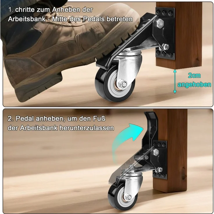 XERSEK Lenkrolle 4X Absenkbar Werkbank Werkbankrollen 50mm max. 150kg Heberollen, (Möbelrollen Schwerlastrollen Lenkrollen 360°, 4-St, Drehbar Versenkbare Rollen Transportrollen), für Werkbänke, Tische, Schränke, Maschinen – Bild 3