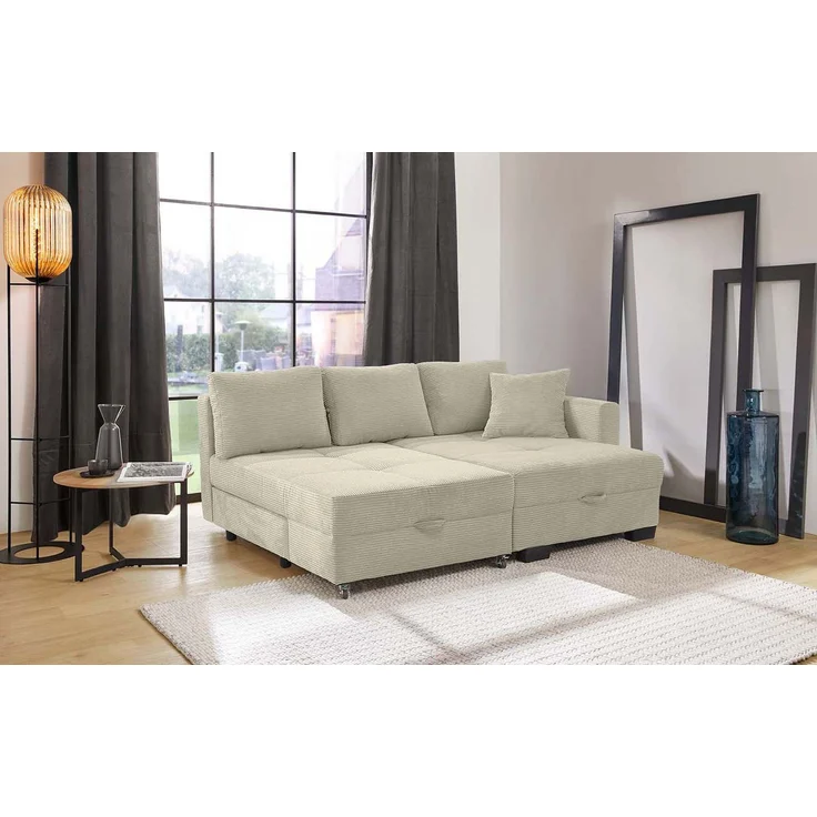 Ecksofa Schwenkfunktion Doppelbett Schlafcouch Bettkasten Cordbezug Beige Grau – Bild 4
