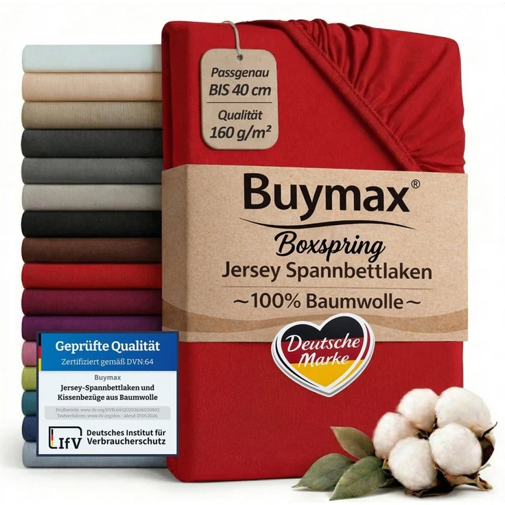 Buymax Spannbettlaken Boxspringbett 90x200-100x220 cm, 100% Baumwolle Jersey, 160 g/m², Oeko-TEX, für hohe Matratzen, Rot – Bild 1