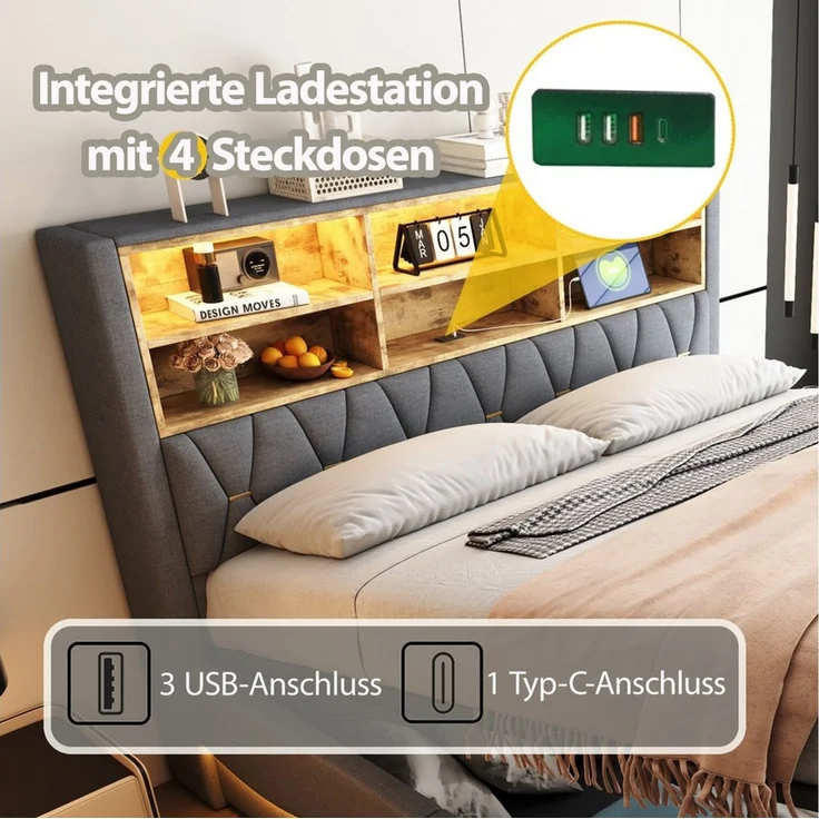 i@home Stauraumbett Doppelbett, Polsterbett Kinderbett 180×200 mit hydraulischem Stauraum (1-tlg), Mit LED-Beleuchtung und Anschluss, mit gepolsterter Rückenlehne, Grau – Bild 4
