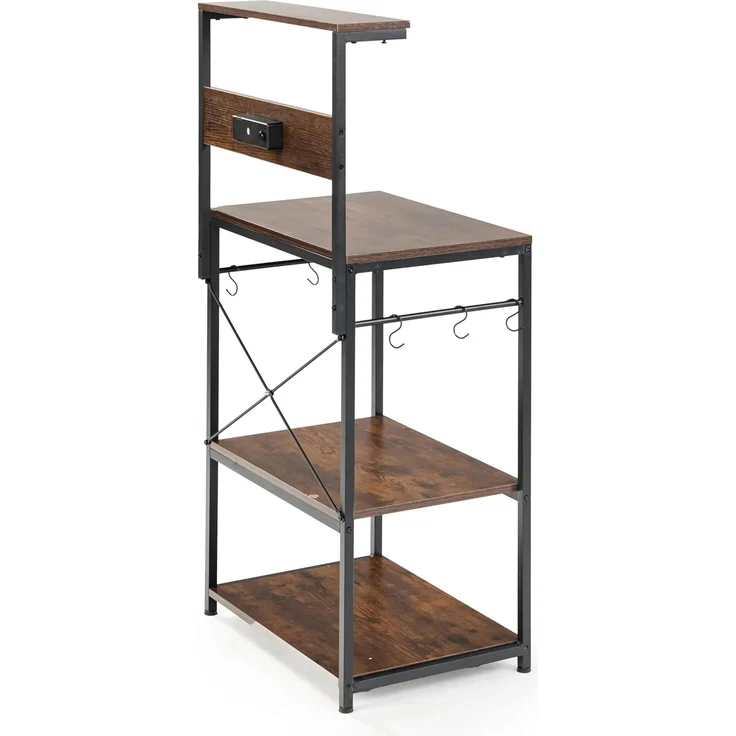 FurnitureR Kitchen Shelf mit Powerstreifen, 3-stufiger Aufbewahrungsschrank, Mikrowellen-Halterung, vertikale Ablage für Dining Room mit 2-Sockel und 6 S-Haken, industrieller rustikaler Braun, – Bild 5