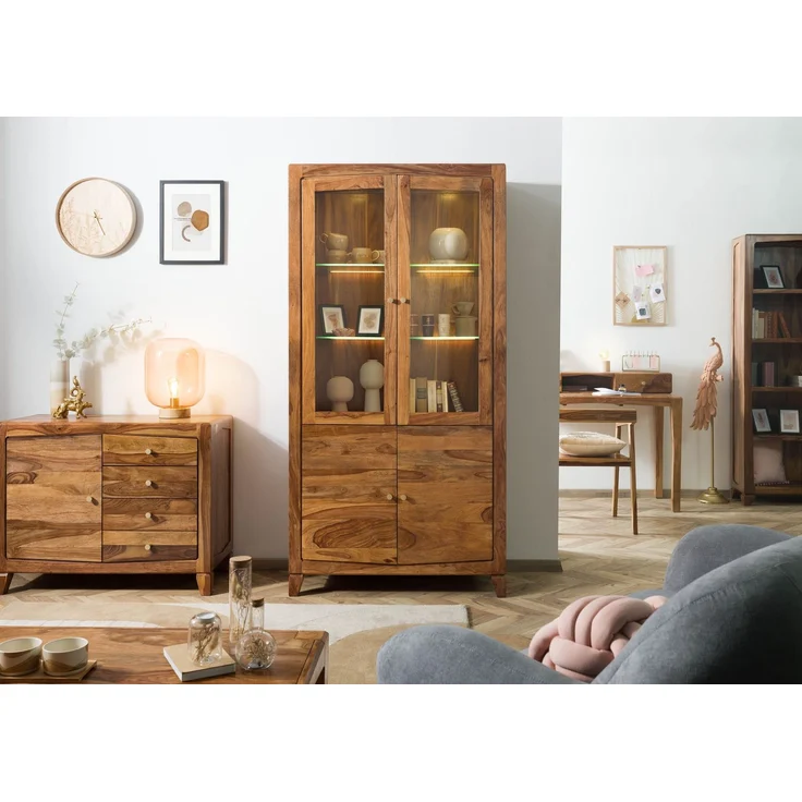 Vitrine Sheesham 100x45x200 braun lackiert ANCONA #135 – Bild 9