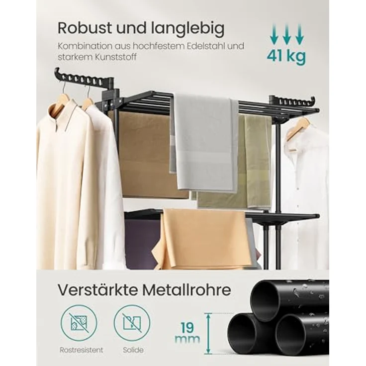 SONGMICS Wäscheständer, Standtrockner 4 Ebenen, Flügelwäscheständer, klappbare Flügel, mit Rollen, 63,5 x 125,5 x 173 cm, groß, einfacher Aufbau, tintenschwarz LLR703BZ02 – Bild 5