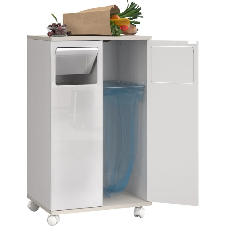 Mülltrennschrank 46,7 x 35 x 80,3 cm in Hochglanz-Weiß mit 2 Fächern und feststellbaren Rollen – Bild 7