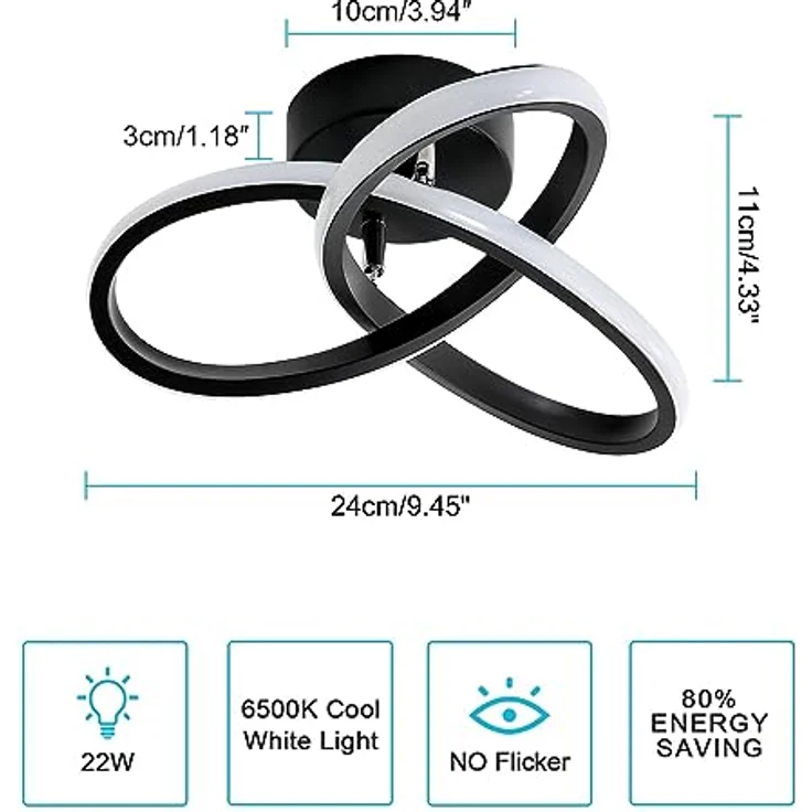 Comely LED Deckenleuchte Moderne, 22W Deckenlampe LED Kaltweiß 6500K, Creative Flower Form Schwarze Kronleuchter für Wohnzimmer Schlafzimmer Flur Küche Balkon, Durchmesser 24CM – Bild 3