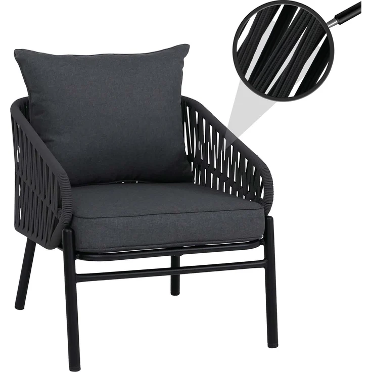 Aluminium-Gartenstuhl HWC-P90, Loungestuhl Sessel Outdoor, Seilgeflecht Rope Stoff/Textil (180g/m²) ~ anthrazit – Bild 1