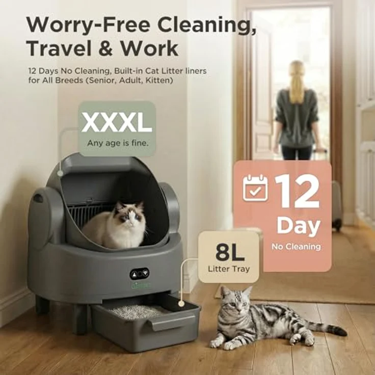 Gimars Selbstreinigende Katzentoilette mit offenem Design, Automatisches Katzenklo für mehrere Katzen & Senioren, App-Steuerung mit Sicherheitssensoren, Geruchsarm, inkl. Müllbeutel & Streumatte – Bild 3