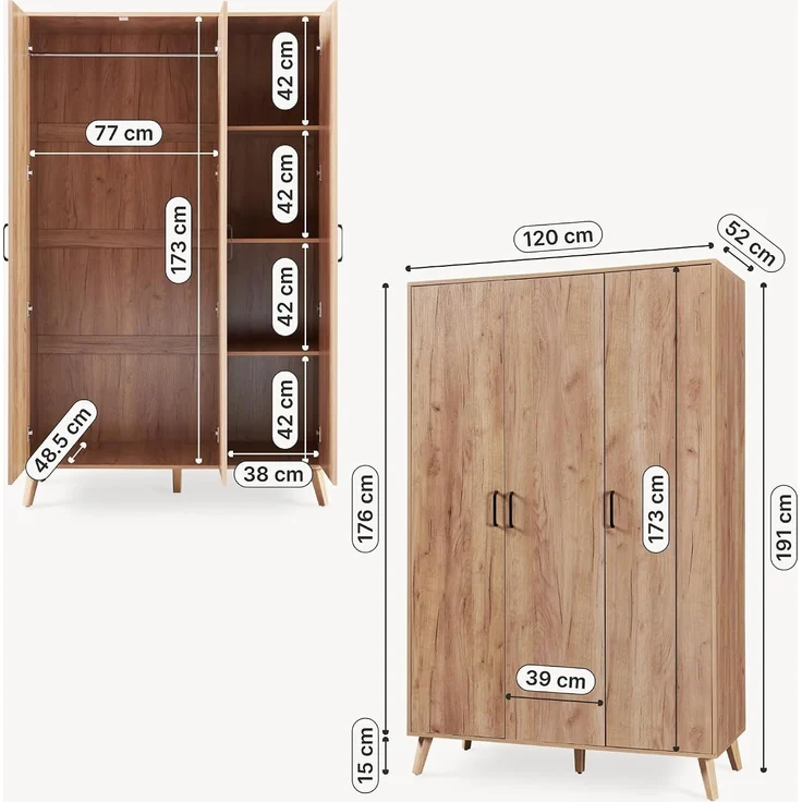 Kleiderschrank Norg 191x120x52 cm 3 Türen 4 Fächer Eicheoptik [en. casa] – Bild 2