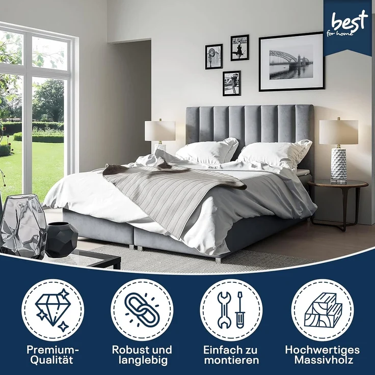 Best for Home Boxspringbett mit Bettkasten Trinity K-10 Bonellfederkern inkl. 7 cm Topper (Bonell-Matratze, gepolstertes Kopfteil, Doppelbett versch. Größen, 140x200 160x200 180x200 200x200 cm), Handwerksqualität, TOP Preis-Leistungs-Verhältnis – Bild 2