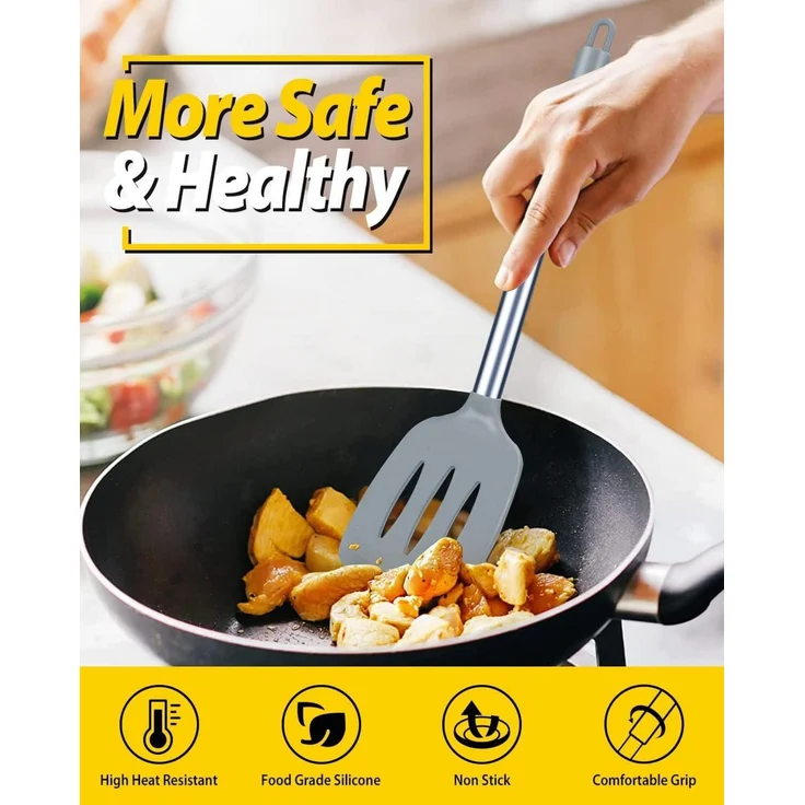 Silikon Pfannenwender Set, antihaftbeschichtet, hitzebeständig, BPA-frei, grau – Bild 5