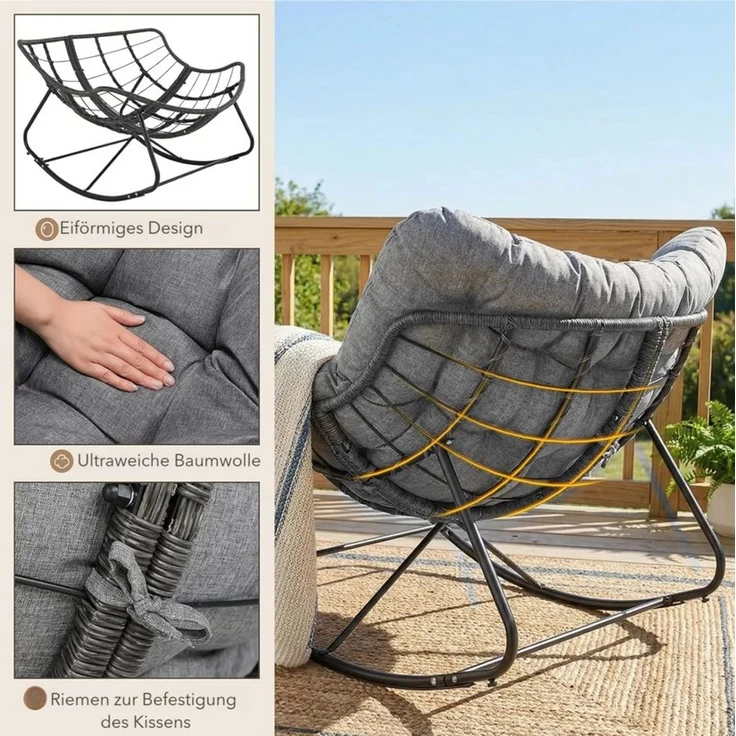 TLGREEN Schaukelstuhl Eiförmiger Rattanschaukelstuhl mit Fußhocker-Set, (Schaukelsessel Oversized, wetterfeste, mit dickem Abnehmbar Polster), Belastung von 150kg, Loungesessel für Garten Balkon Wohnzimmer – Bild 3