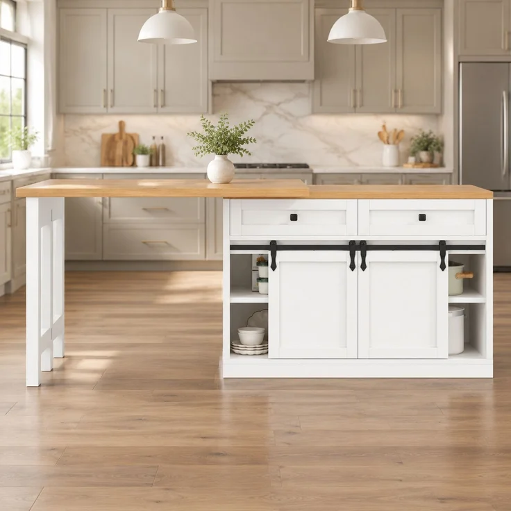 Esstisch, erweiterbar, B 120–197 x T 40 x H 72 cm, 360° drehbare Tischplatten, Weiß und Holzoptik – Bild 2