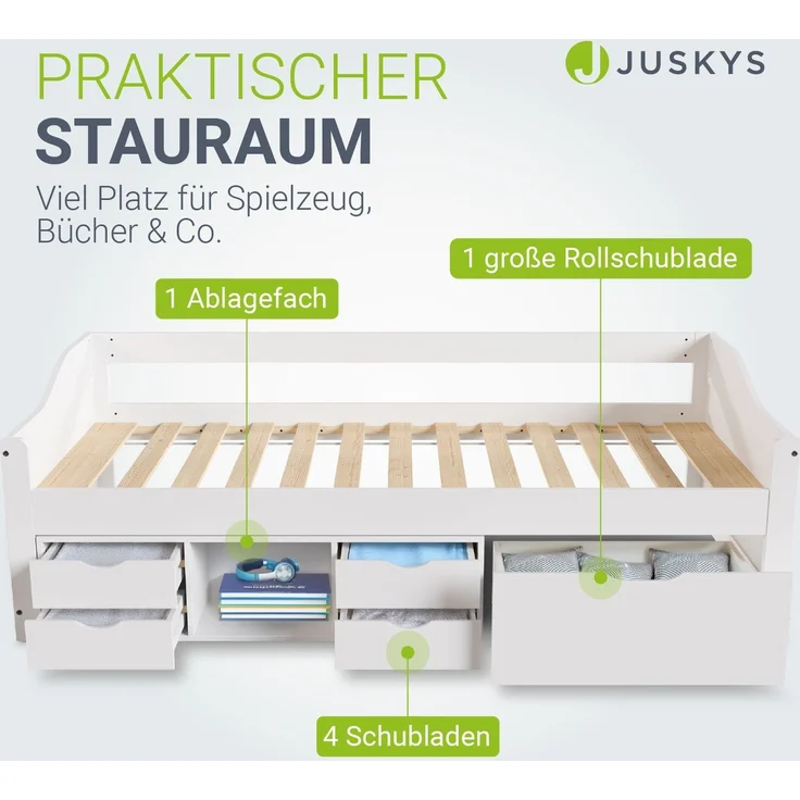 Juskys 'Nalu' Funktionsbett - mit Lattenrost & Schubladen - für Kinder - Gästebett - Holz Weiß, mit Matratze – Bild 2