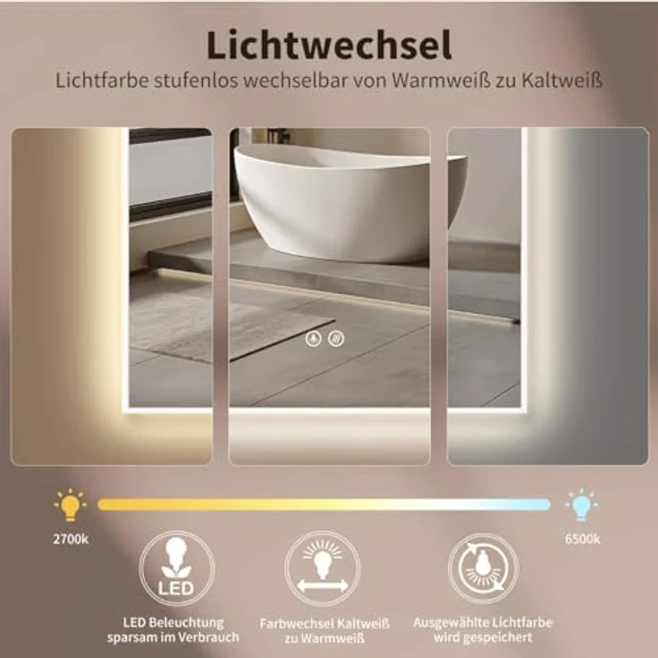 HOKO Modesto LED Bogenspiegel 50x90 cm / 90x50 cm, Antibeschlag-Funktion, Touch-Schalter, stufenlos wechselbare Lichtfarbe 2700-6500K, weißer Metallrahmen, HOCH+QUER Montage – Bild 2