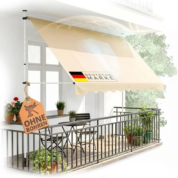 Heimfleiss® Klemmmarkise Klemmmarkise Balkon ohne Bohren Sonnenschutz UPF 50+ Klemmmarkise 250 cm breit, beige, höhenverstellbar – Bild 1