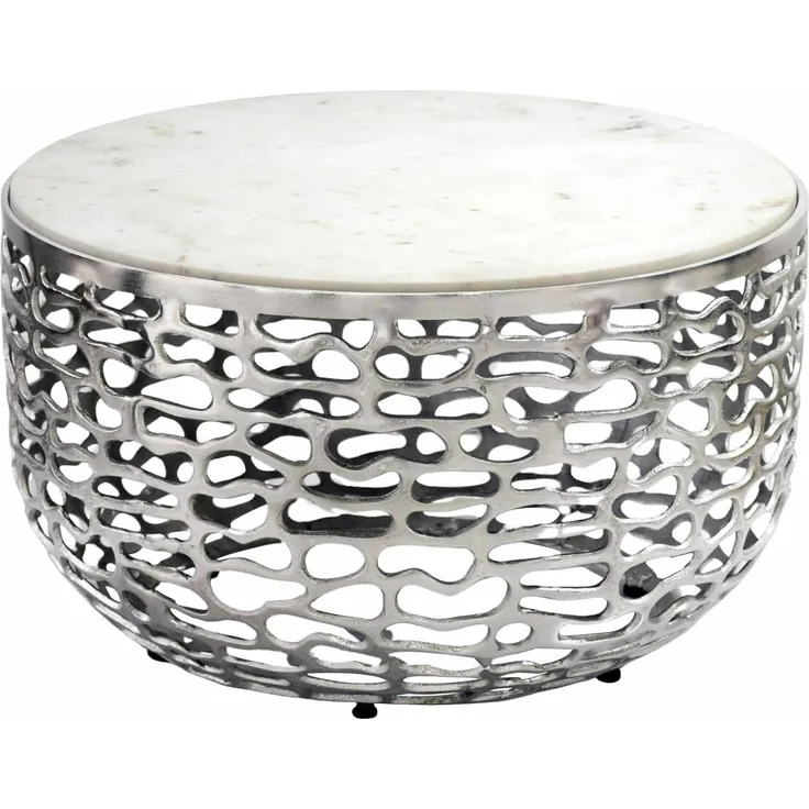 Design Metall Couchtisch Silber mit weißer Marmor Tischplatte 60 cm rund - Aluminium Wohnzimmertisch Modern - Loungetisch Alu Beistelltisch Wohnzimmer Handmade
