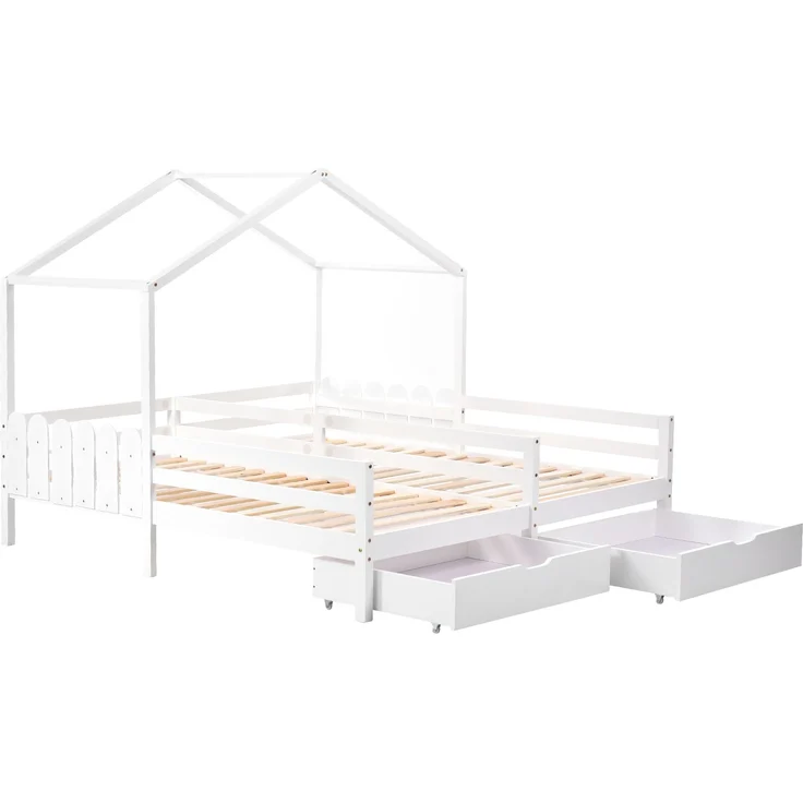 U-life Hausbett 90x200 cm, Doppelbett und Kinderbett, mit geteiltem Mittelzaun, 2 MDF-Schubladen und Sicherheitsgeländer, Kiefernholz, Weiß – Bild 9